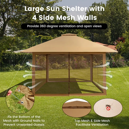 Yardi Yard 13 x 13 Feet Pop-up Instant Canopy Tent with Mesh Sidewall-Coffee, Roof Hardtop Galvanized Steel Top Canopy, Patio Heavy Duty Gazebo for Deck, Backyard