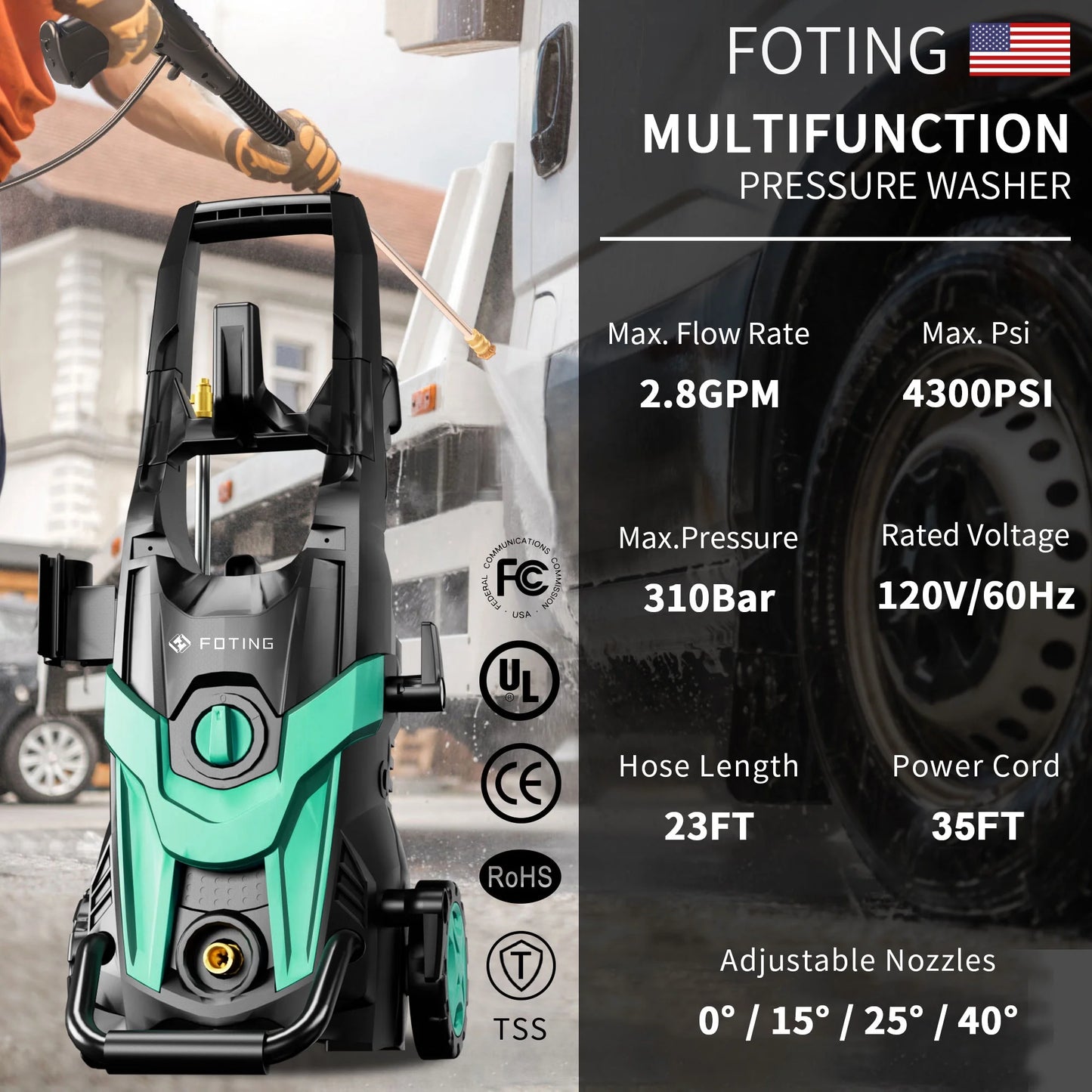 FOTING Electric Pressure Washer, 4500 PSI 3.2 GPM Power Washer with 4 Quick Connect Nozzles, High Pressure Cleaning Machine with Foam Cannon for Cars/Fences/Driveways/Patios/Home Cleaning