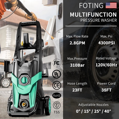 FOTING Electric Pressure Washer, 4500 PSI 3.2 GPM Power Washer with 4 Quick Connect Nozzles, High Pressure Cleaning Machine with Foam Cannon for Cars/Fences/Driveways/Patios/Home Cleaning