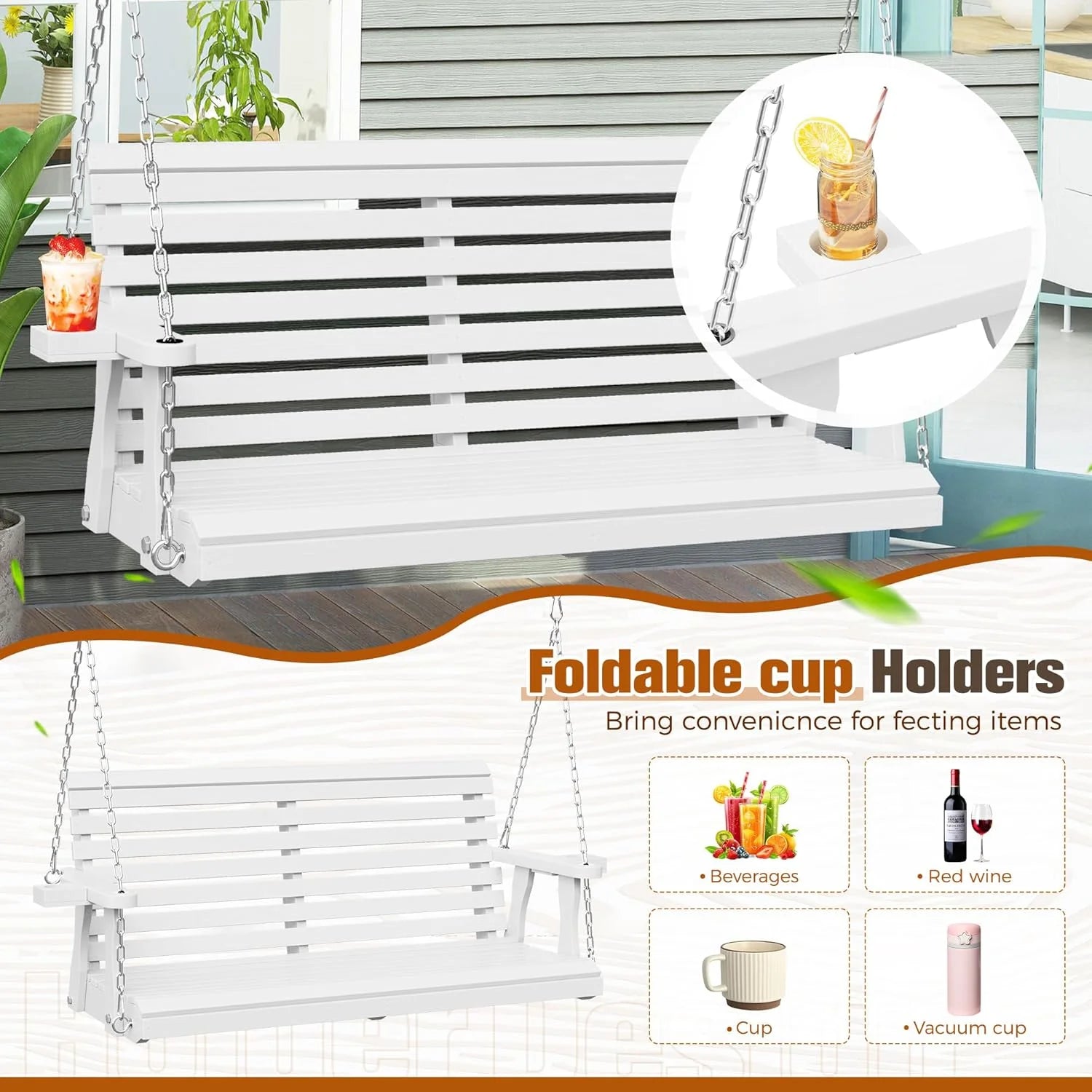 SOLAURA 2 Seat Outdoor Wooden Porch Swing with Cup Holders, Hanging Patio Swing with Hanging Chains, Swing Bench Chair for Backyard Garden Balcony, 440lbs Weight Capacity, Brown