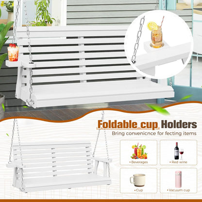 SUNCROWN Porch Swing 2-Seater, Wooden Outdoor Swing Bench with Cup Holder and Chains, 440 LBS Weight Capacity Outdoor Hanging Bench Swing for Patio & Garden (Brown)