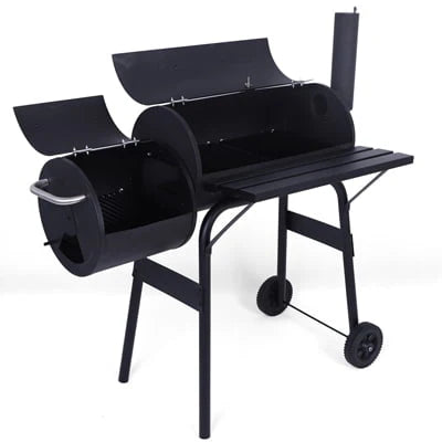 Charcoal Grill, Portable Charcoal Grill and Offset Smoker, Stainless Steel BBQ Smoker with Wood Shelf, Thermometer, Wheels, Charcoal BBQ Grill for Outdoor Picnic, Patio, Backyard, Camping, JA1167