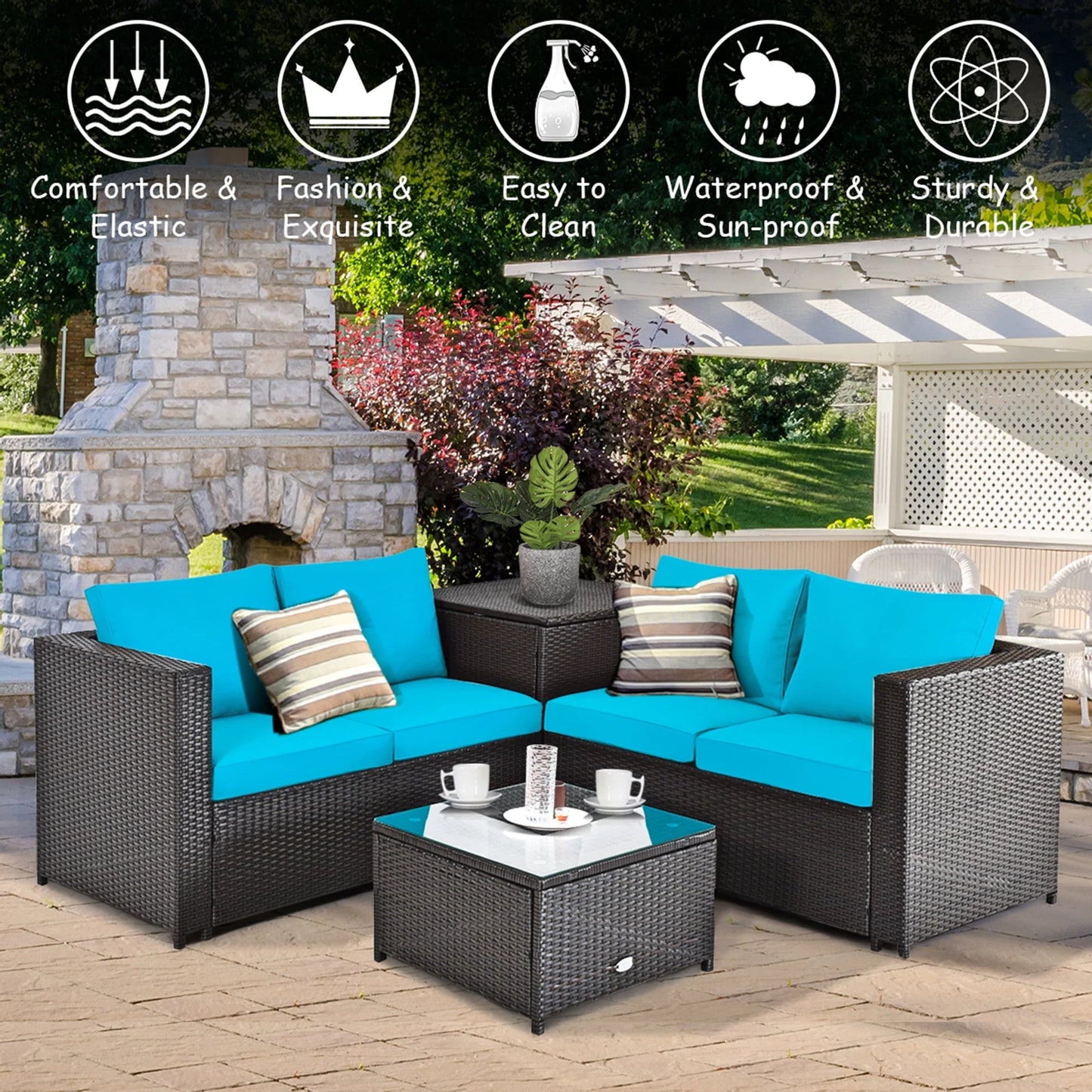 Gymax 8PCS Cushioned Rattan Patio Conversation Set w/Side Table Turquoise Cushion