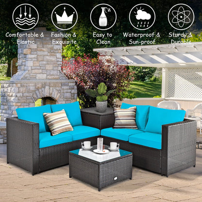 Gymax 8PCS Cushioned Rattan Patio Conversation Set w/Side Table Turquoise Cushion