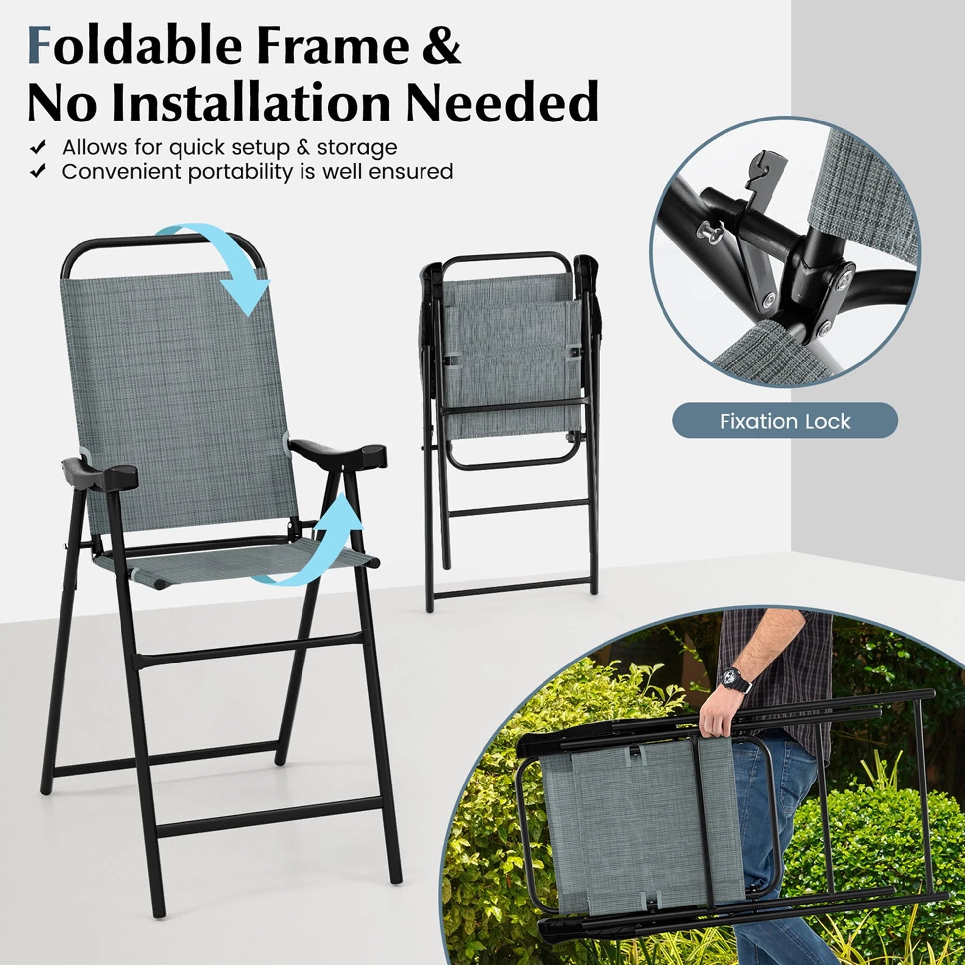 Costway 2 PCS Patio Bar Chair Folding Bar Height Metal Frame with Footrest Garden Blue