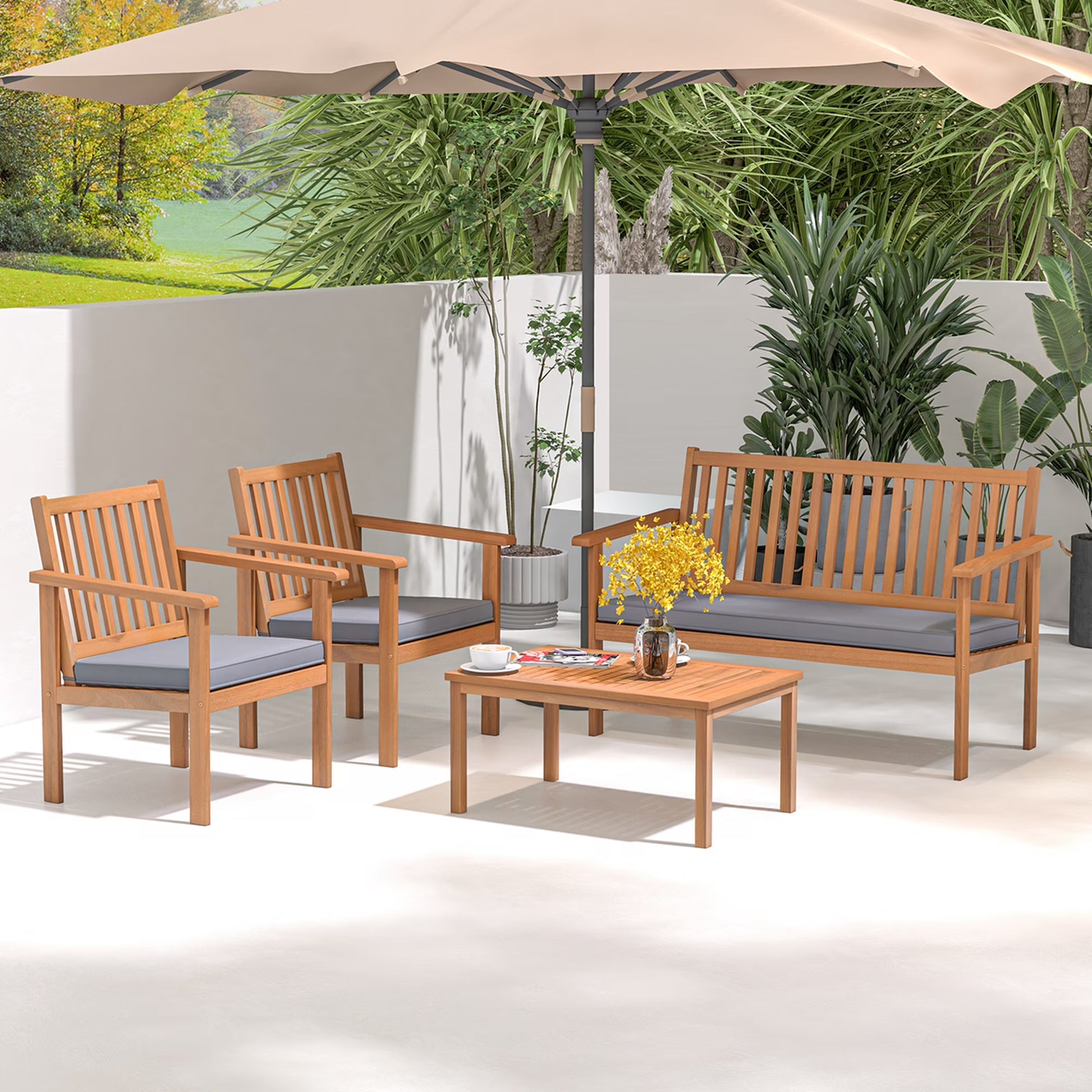 Costway 4 PCS Patio Wood Furniture Set with Loveseat, 2 Chairs & Coffee Table for Porch Navy