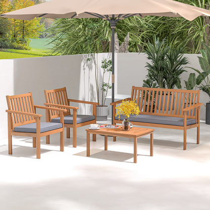 Costway 4 PCS Patio Wood Furniture Set with Loveseat, 2 Chairs & Coffee Table for Porch Navy