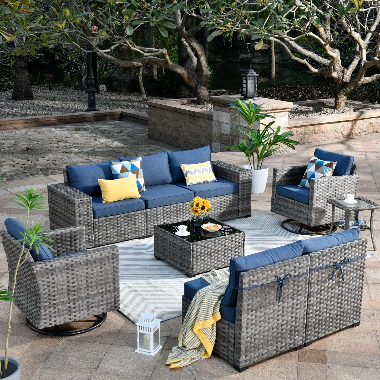 Ovios 9 Pieces Outdoor Patio Furniture with Swivel Rocking Chairs All Weather Wicker Patio Sectional Sofa for Balcony