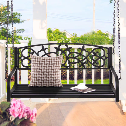 Gymax Patio Hanging Porch Swing 2-Person Outdoor Metal Swing Bench Chair w/Chains Brown
