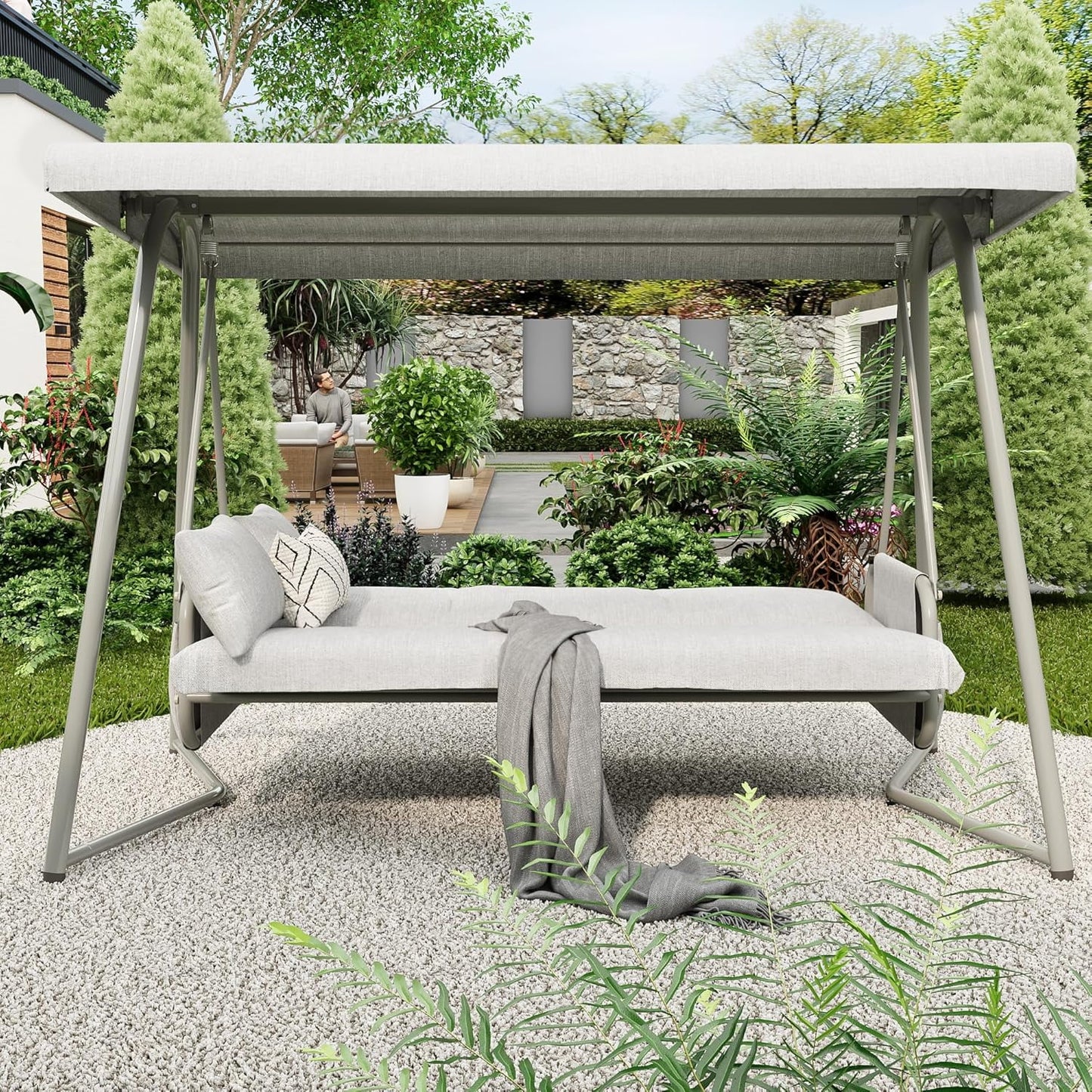 CHINNLUU Oversized 4 Person Porch Swing with Stand 800 LBS Capacity Adjustable Canopy Backrest Includes Cushions Pillows Patio 2 in 1 Swing Bed for Backyard Garden Poolside, Champagne