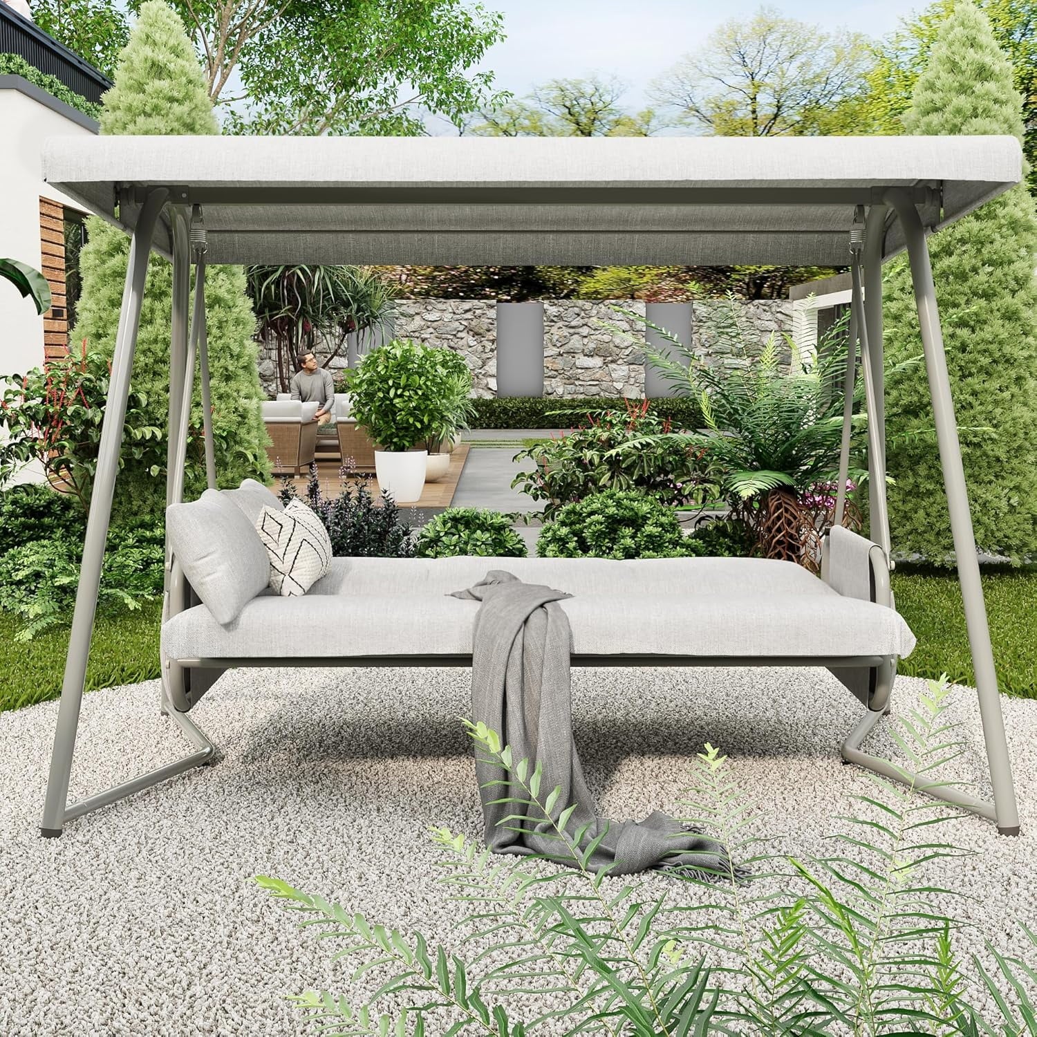 CHINNLUU Oversized 4 Person Porch Swing with Stand 800 LBS Capacity Adjustable Canopy Backrest Includes Cushions Pillows Patio 2 in 1 Swing Bed for Backyard Garden Poolside, Champagne