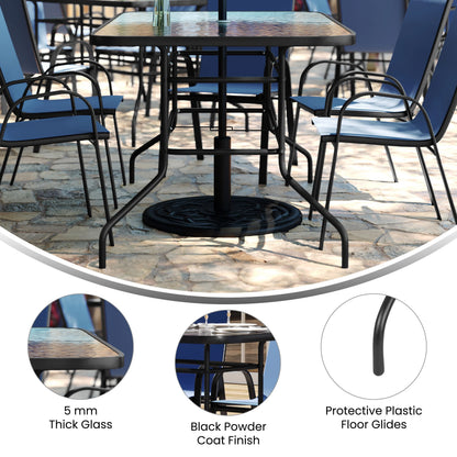 Flash Furniture 7 Piece Outdoor Patio Dining Set - 55" Tempered Glass Patio Table with Umbrella Hole, 6 Navy Flex Comfort Stack Chairs