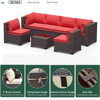 Gotland Outdoor Patio Sectional Furniture Set with 43" Propane Table 8Pcs Red Sponge Rattan Wicker