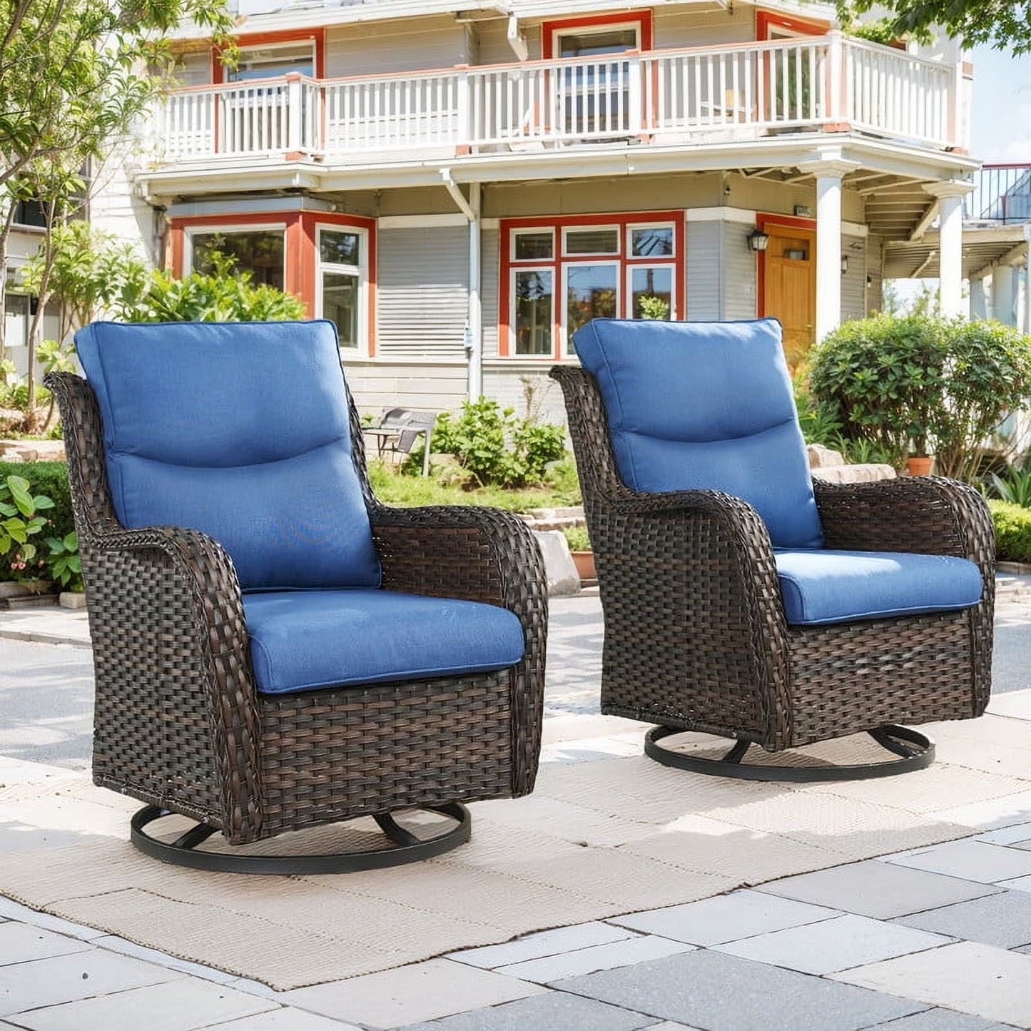 Gymojoy High Back Outdoor Swivel Rocker Patio Chairs Set of 2, All Weather Swivel Patio Glider Chairs with Thick Cushions for Porch, Poolside, Deck,Brown/Blue