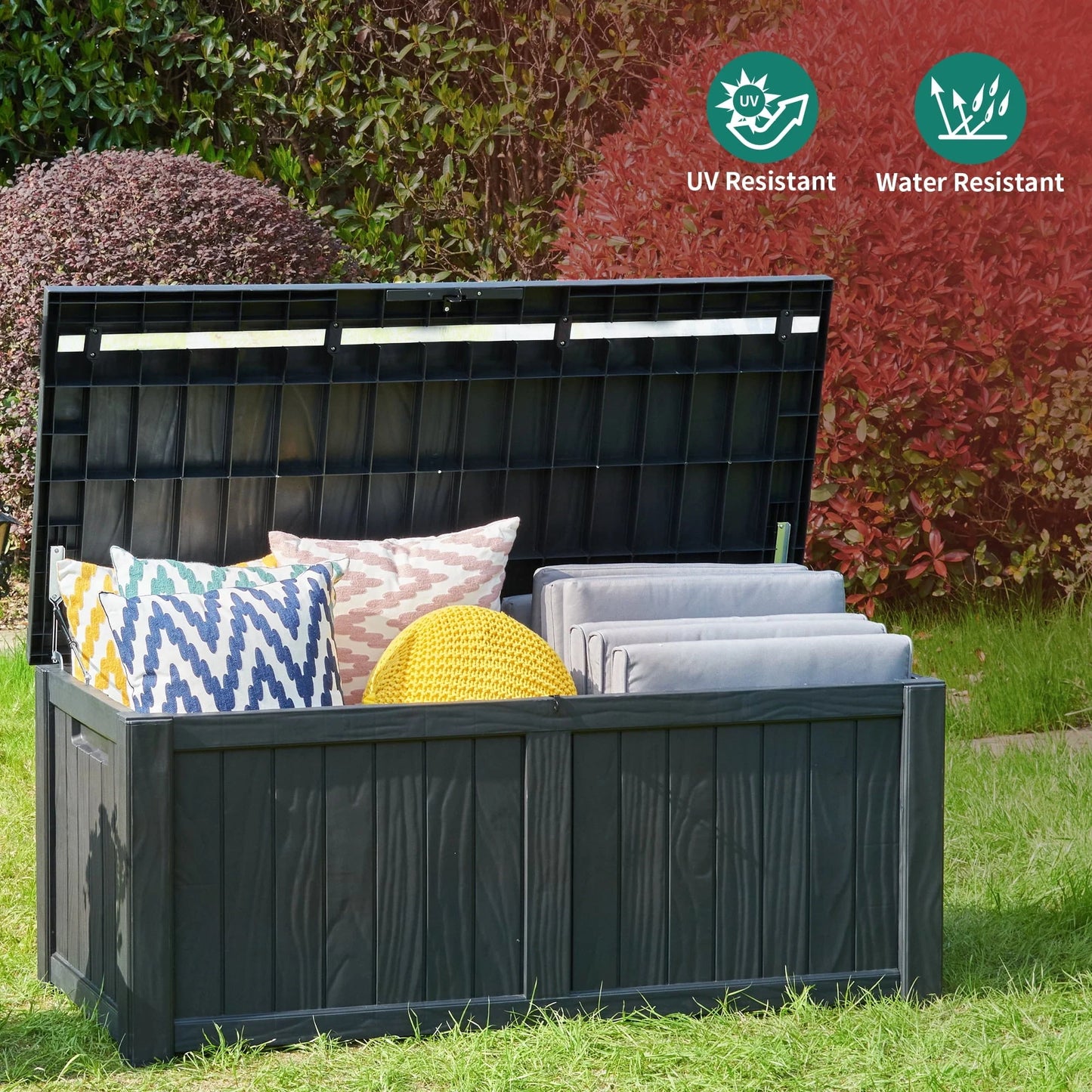 Dextrus 120 Gallon Outdoor Storage Deck Box, Large Resin Patio Storage for Outdoor Pillows, Garden Tools and Pool Supplies, Waterproof, Lockable (Black)