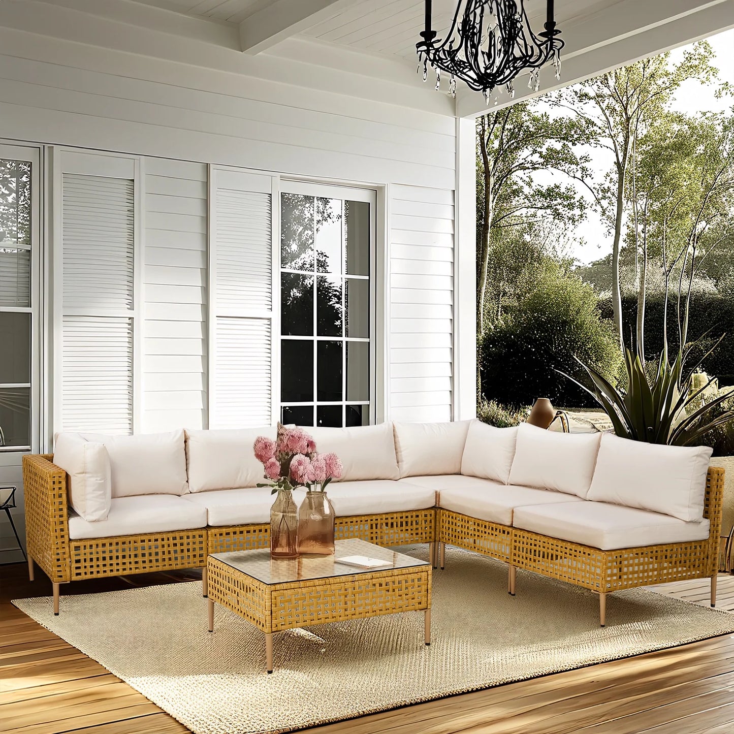 Ktaxon 7-Piece Wicker Patio Furniture Set, Patio Furniture Set with Water Resistant Thick Cushions and Coffee Table, Beige