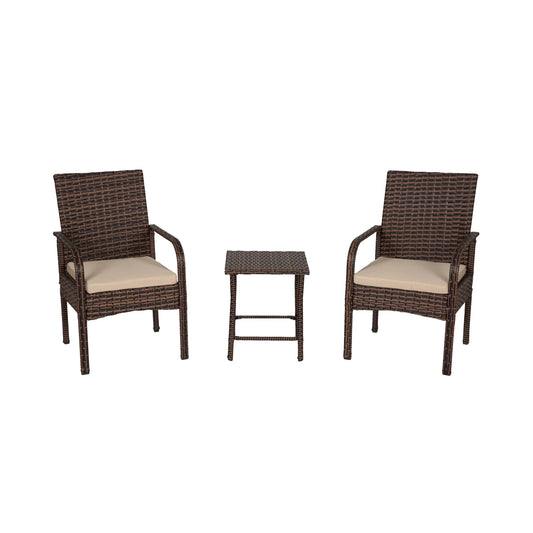 WestinTrends Roadhill 3 Piece Patio Set, All Weather PE Rattan Wicker Patio Bistro Sets Outdoor Balcony Porch Chairs Set of 2, Brown and Beige