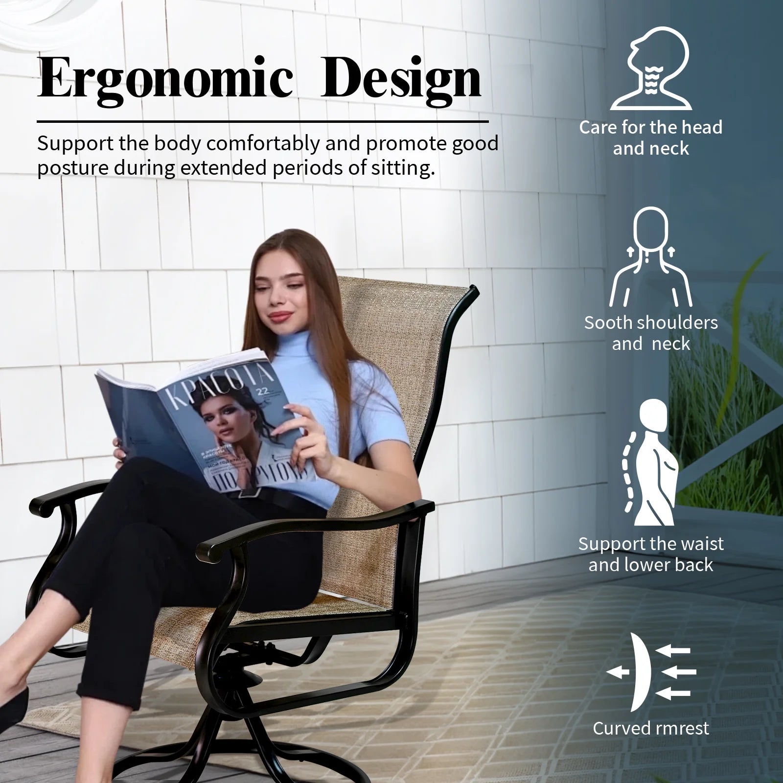 Patio Swivel Chairs Set of 2, Outdoor High Back Rocker Dining Chairs with All-Weather Textilene Mesh and Metal Frame, Comfortable Swivel Chairs for Patio, Garden, Deck, and Backyard (Beige)