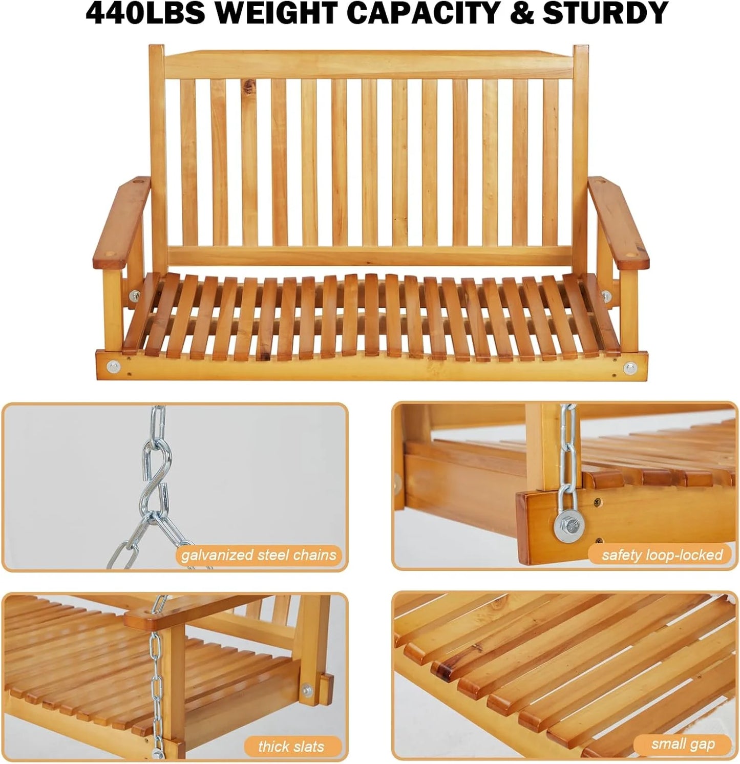 WildBreak Patio Wooden Swing, 45.7 x 24.8 x 23.6", with Hanging Chain, Heavy Duty, Natural Wood