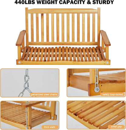 WildBreak Patio Wooden Swing, 45.7 x 24.8 x 23.6", with Hanging Chain, Heavy Duty, Natural Wood
