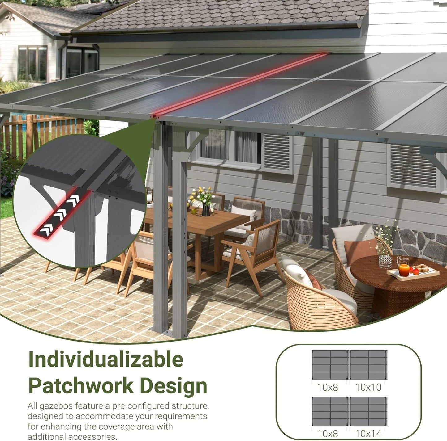 NETAJE 10'x14' Outdoor Splicable Gazebo, Hardtop Wall Mounted Gazebo & Pergola with Aluminum Frame and Sloping Roof, for Backyard, Deck, Patio-Gray