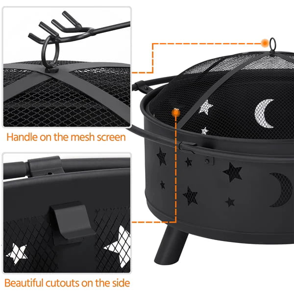 SMILE MART Iron Fire Pit Set Heating Equipment Camping Fire Bowl with Poker Mesh Cover for BBQ Backyard Patio Outdoor Fireplace Black