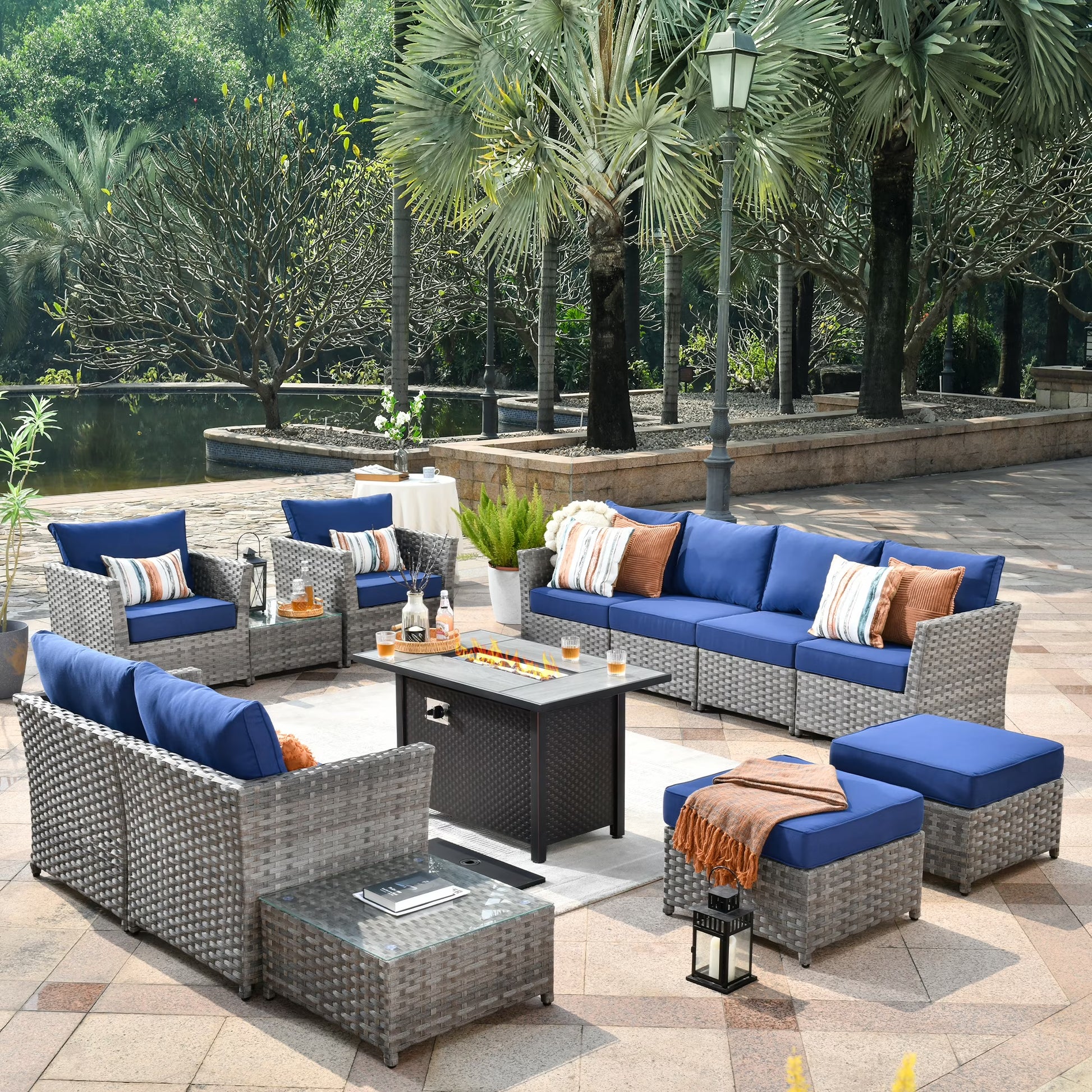 Vcatnet Patio Furniture Sets with 42" Fire Pit Table 13 Pieces Sectional Sofa All Weather PE Rattan Wicker Conversation Set with Ottoman for Porch, Backyard, Beige