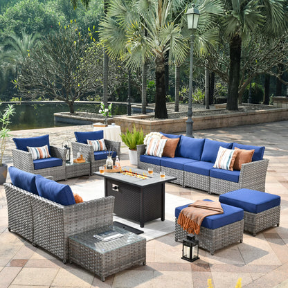 Vcatnet Patio Furniture Sets with 42" Fire Pit Table 13 Pieces Sectional Sofa All Weather PE Rattan Wicker Conversation Set with Ottoman for Porch, Backyard, Beige