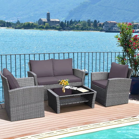 Gymax 4PCS Patio Rattan Conversation Set Outdoor Furniture Set w/Grey Cushions