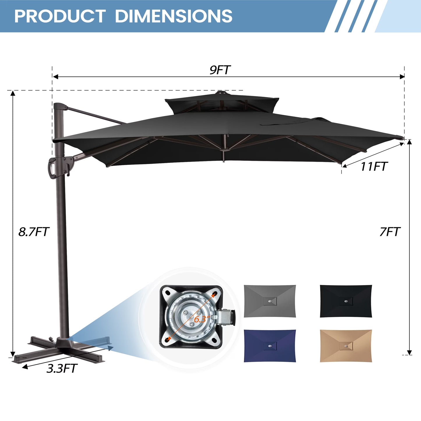 Pellebant Outdoor 9x11FT Patio Umbrella Cantilever Offset with No Base, Dual Top Navy Blue