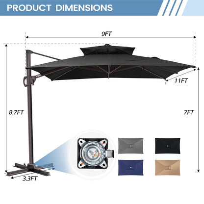 Pellebant Outdoor 9x11FT Patio Umbrella Cantilever Offset with No Base, Dual Top Navy Blue
