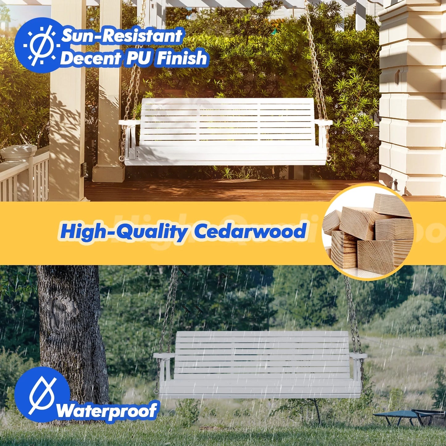 Zimtown Patio Wooden Porch Swing Swing Chair Bench Heavy Duty 880lbs with Hanging Chains for Outdoors,5 FT, White