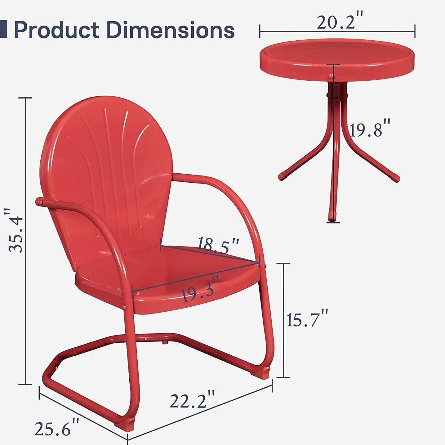 Efurden Patio Bistro Set Retro Metal Outdoor Seating Set Conversation Set 3 Pieces, 2 C-Spring Motion Armchairs and Round Side Table for Porch Lawn Garden, Red