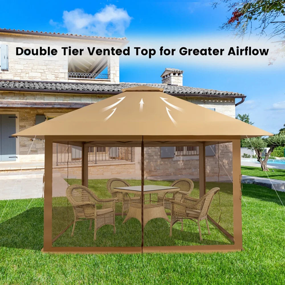 Yardi Yard 13 x 13 Feet Pop-up Instant Canopy Tent with Mesh Sidewall-Coffee, Roof Hardtop Galvanized Steel Top Canopy, Patio Heavy Duty Gazebo for Deck, Backyard
