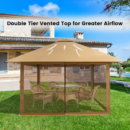 Yardi Yard 13 x 13 Feet Pop-up Instant Canopy Tent with Mesh Sidewall-Coffee, Roof Hardtop Galvanized Steel Top Canopy, Patio Heavy Duty Gazebo for Deck, Backyard