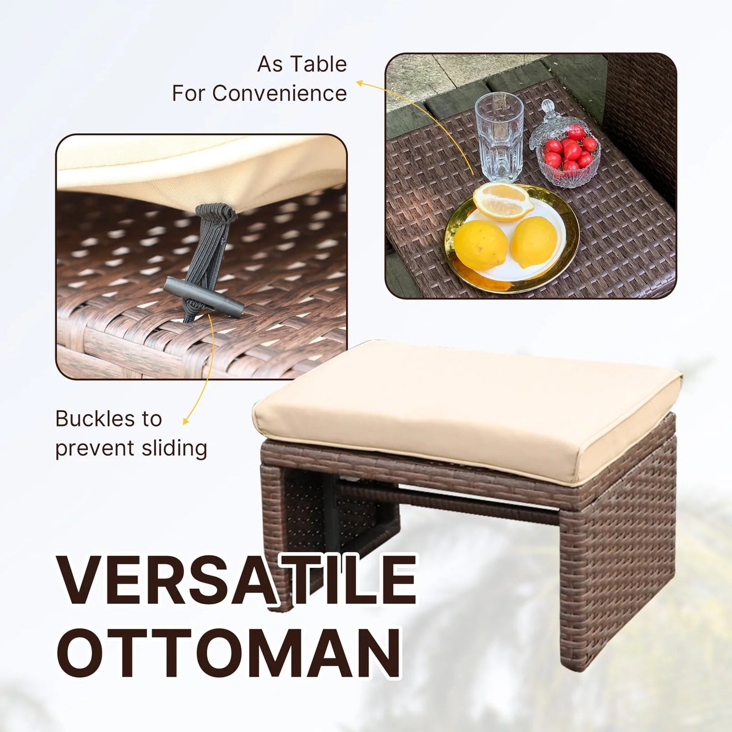 OC Orange-Casual 3 Piece Outdoor Loveseat, Patio Furniture Set, with Ottoman/Side Table, Brown Rattan, Beige Cushion