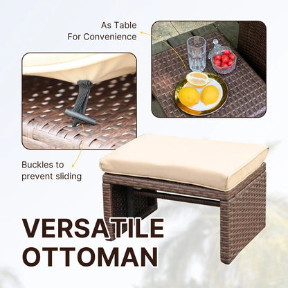 OC Orange-Casual 3 Piece Outdoor Loveseat, Patio Furniture Set, with Ottoman/Side Table, Brown Rattan, Beige Cushion