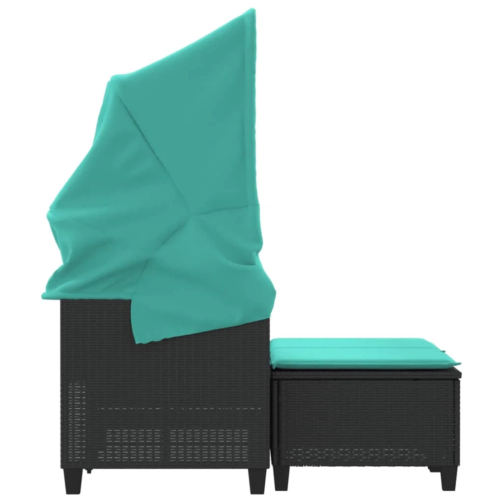 vidaXL Patio Sofa 2-Seater with Canopy and Stools Black Poly Rattan