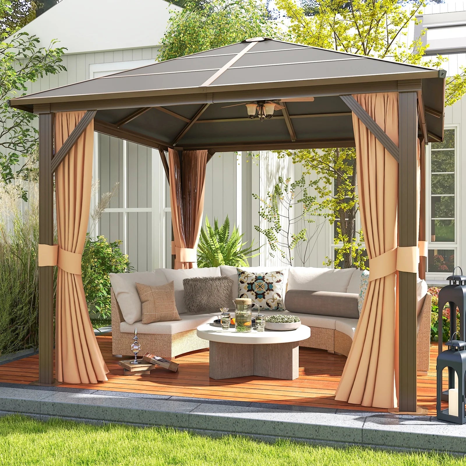 Sunmthink 10x10 Outdoor Hardtop Gazebo, Polycarbonate Single Roof Patio Canopy with Curtains and Netting, Brown