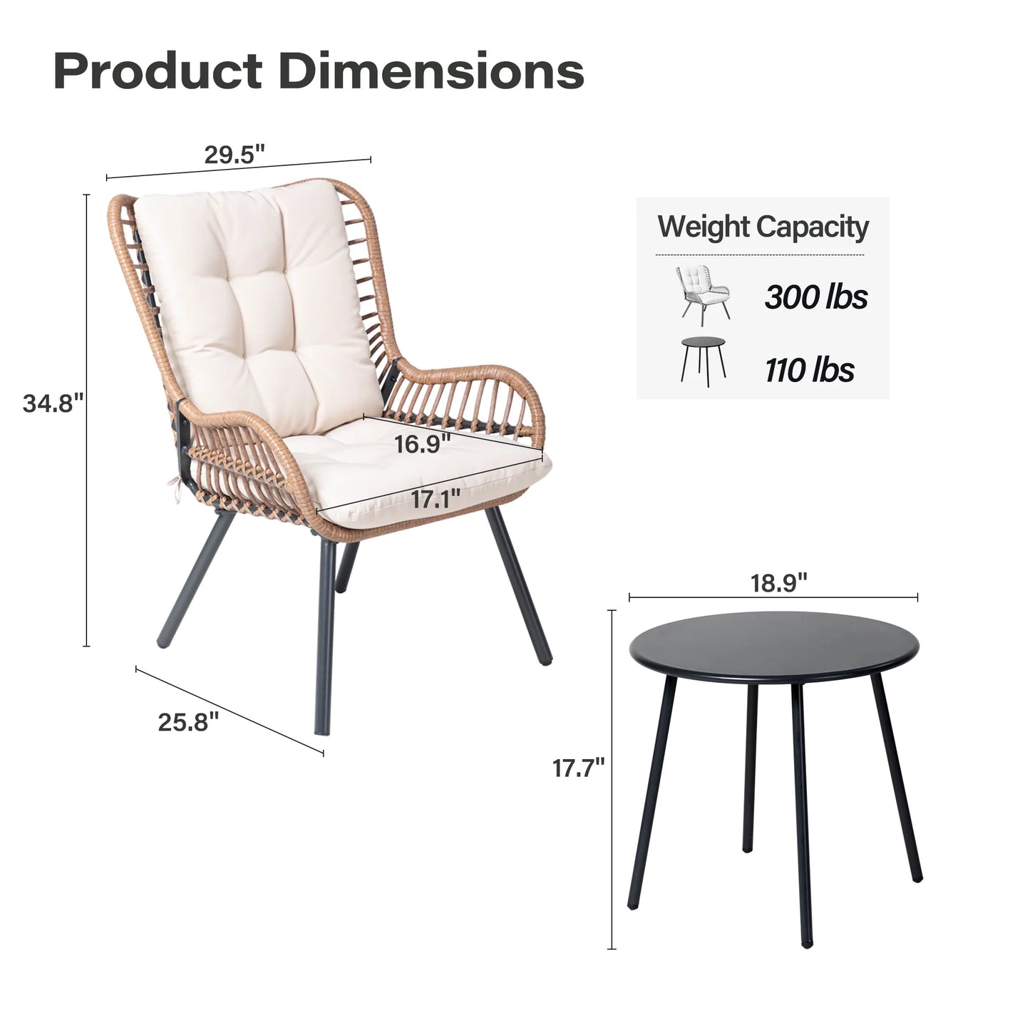 LAUSAINT HOME 3-Piece Patio Furniture Set, High Back Outdoor Bistro with Coffee Table & Beige Cushions for Garden or Deck