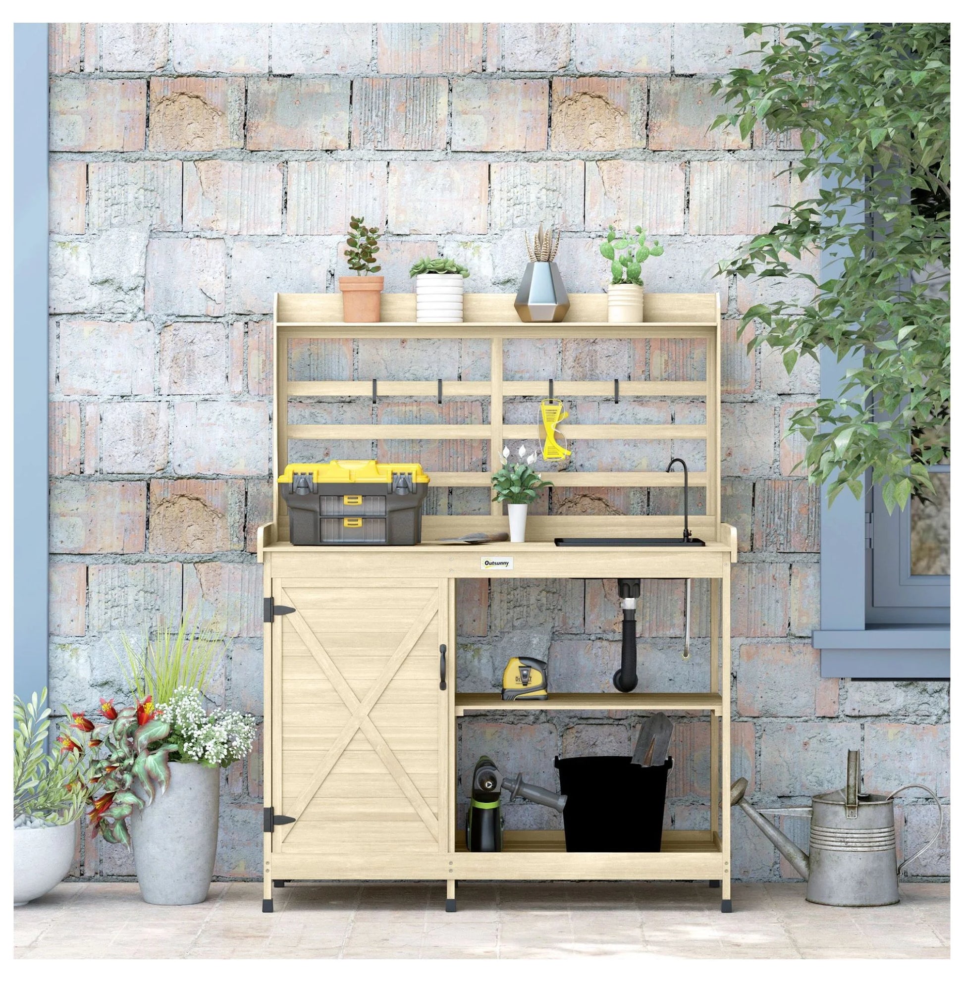 Wooden Potting Bench with Storage, Sink & Tap - Outdoor Gardening Station for Patio, Backyard, Balcony - Natural Finish
