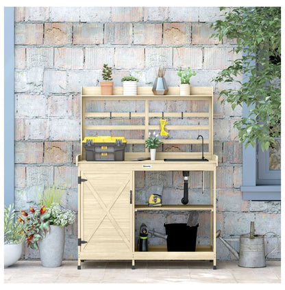 Wooden Potting Bench with Storage, Sink & Tap - Outdoor Gardening Station for Patio, Backyard, Balcony - Natural Finish