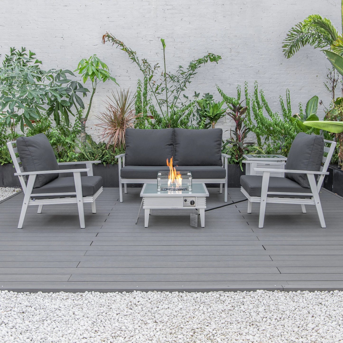 LeisureMod Walbrooke Modern Aluminum 5-Piece Patio Conversation Set with Outdoor Square Fire Pit Slats Design & Side Table Tank Holder, Charcoal