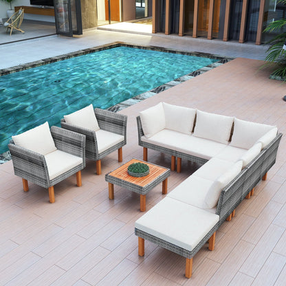 CoSoTower 9-Piece Outdoor Patio Garden Wicker Sofa Set, Gray PE Rattan Sofa Set, with Wood Legs, Acacia Wood Tabletop, Armrest Chairs with Beige Cushions