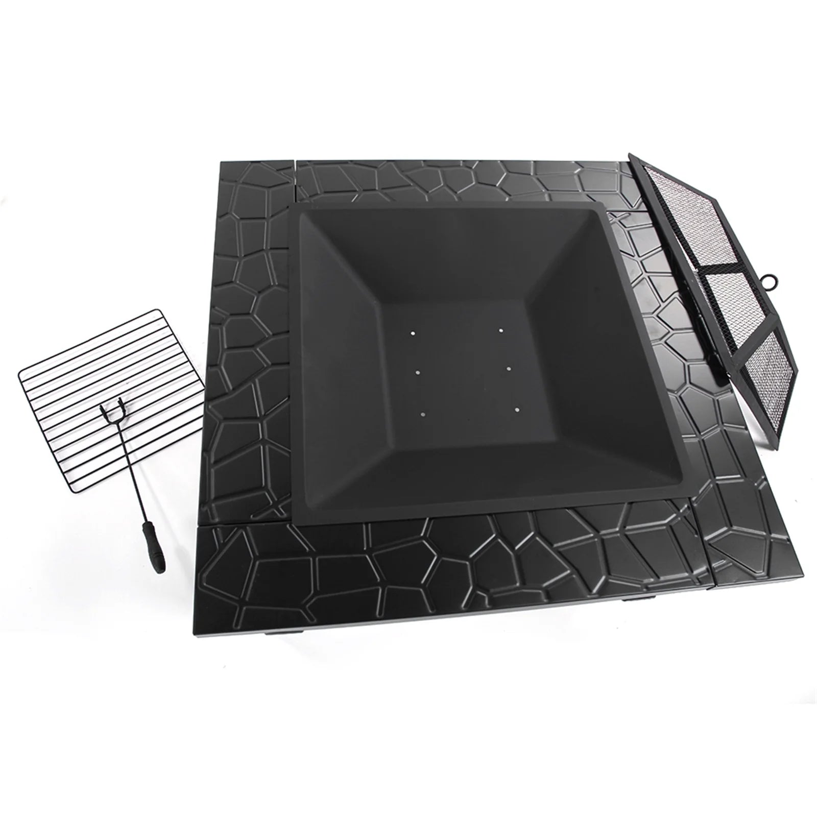 Wood Burning Fire Pits for Outside, 32" Square Iron Fire Pit Backyard Patio Garden Stove Wood Burning Fire Pit w/Mesh Screen Lid, Wood Grate, Poker, Durable Fire Pit, Q5946
