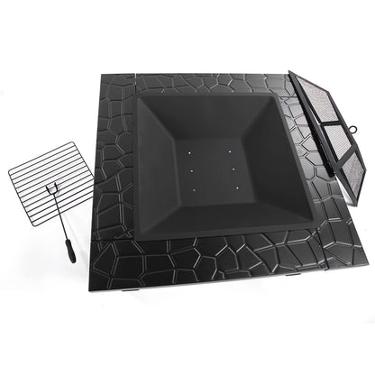 Wood Burning Fire Pits for Outside, 32" Square Iron Fire Pit Backyard Patio Garden Stove Wood Burning Fire Pit w/Mesh Screen Lid, Wood Grate, Poker, Durable Fire Pit, Q5946