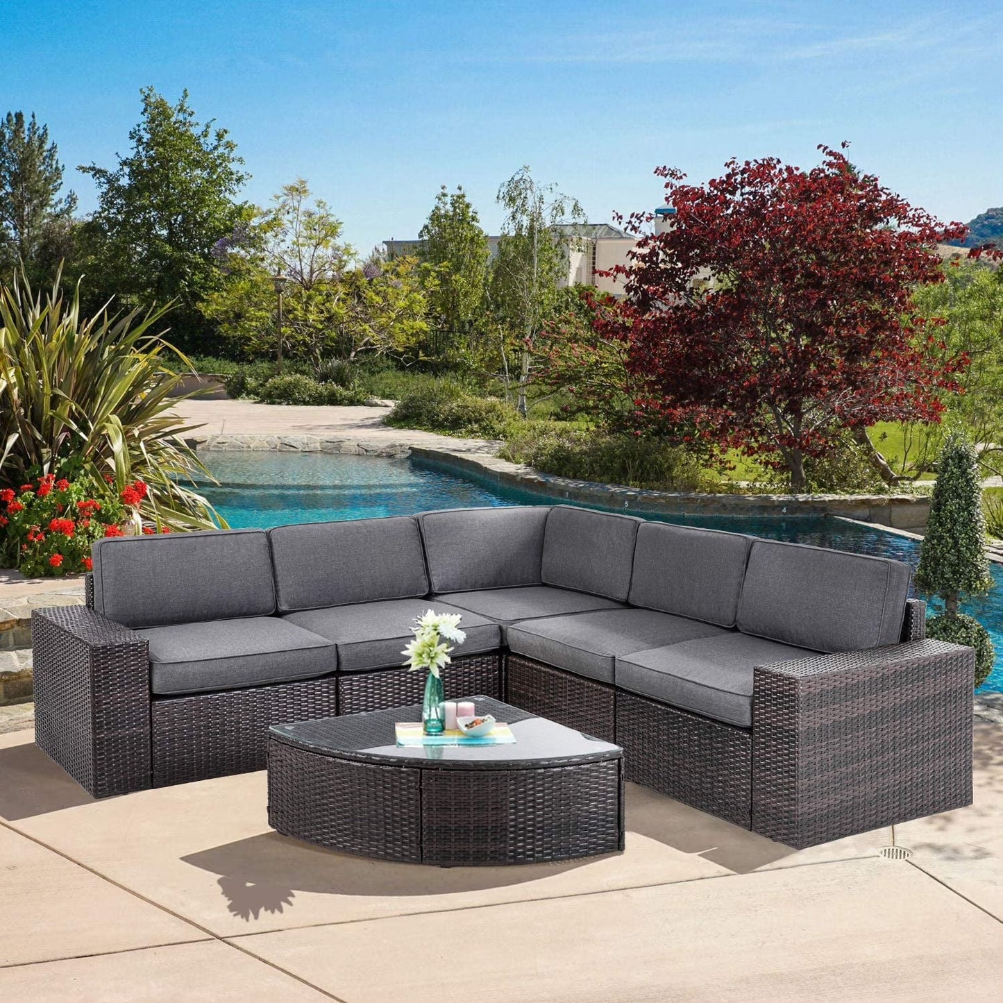 SUNCROWN 6-Piece Outdoor Furniture Patio Sectional Set All-Weather Wicker Conversation Sofa, Light Brown