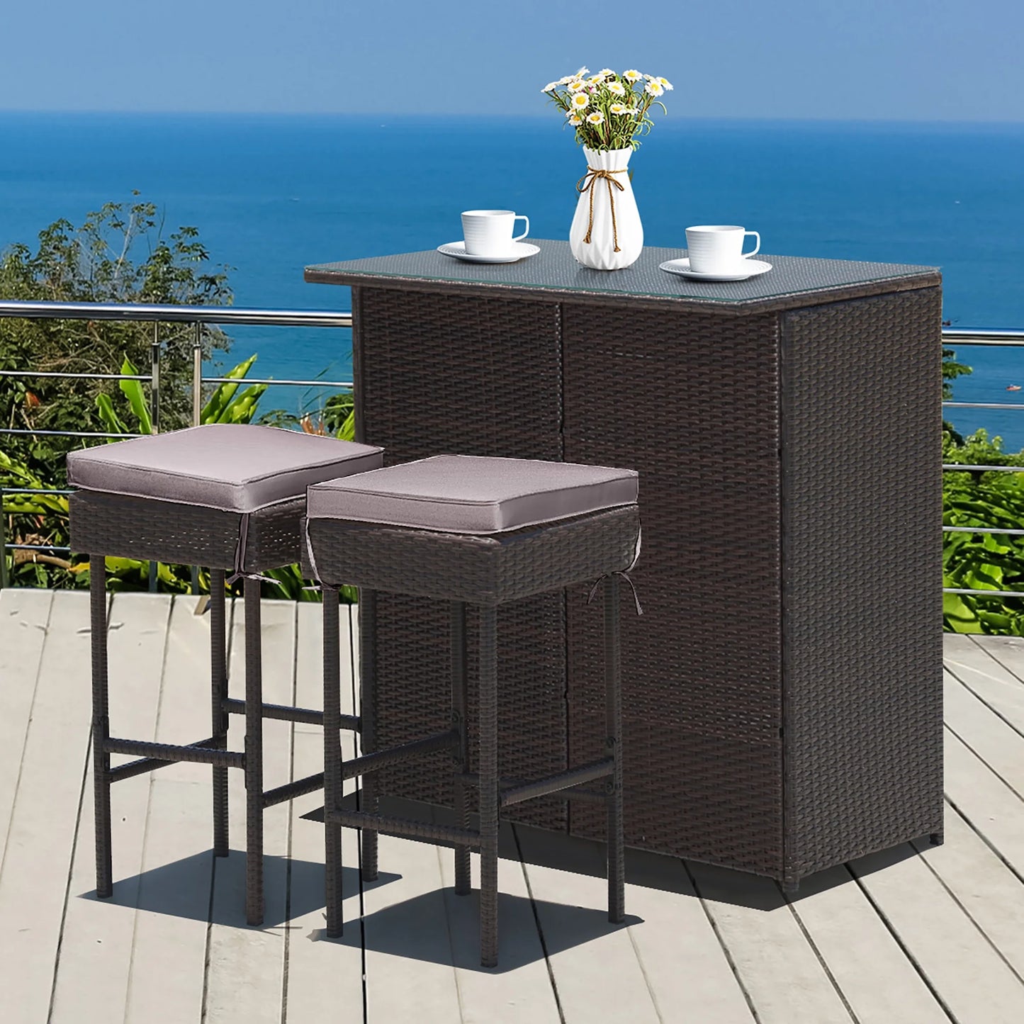 Costway Patio 3PCS Rattan Bar Table Stool Set Cushioned Chairs with Gray & Off white Cover
