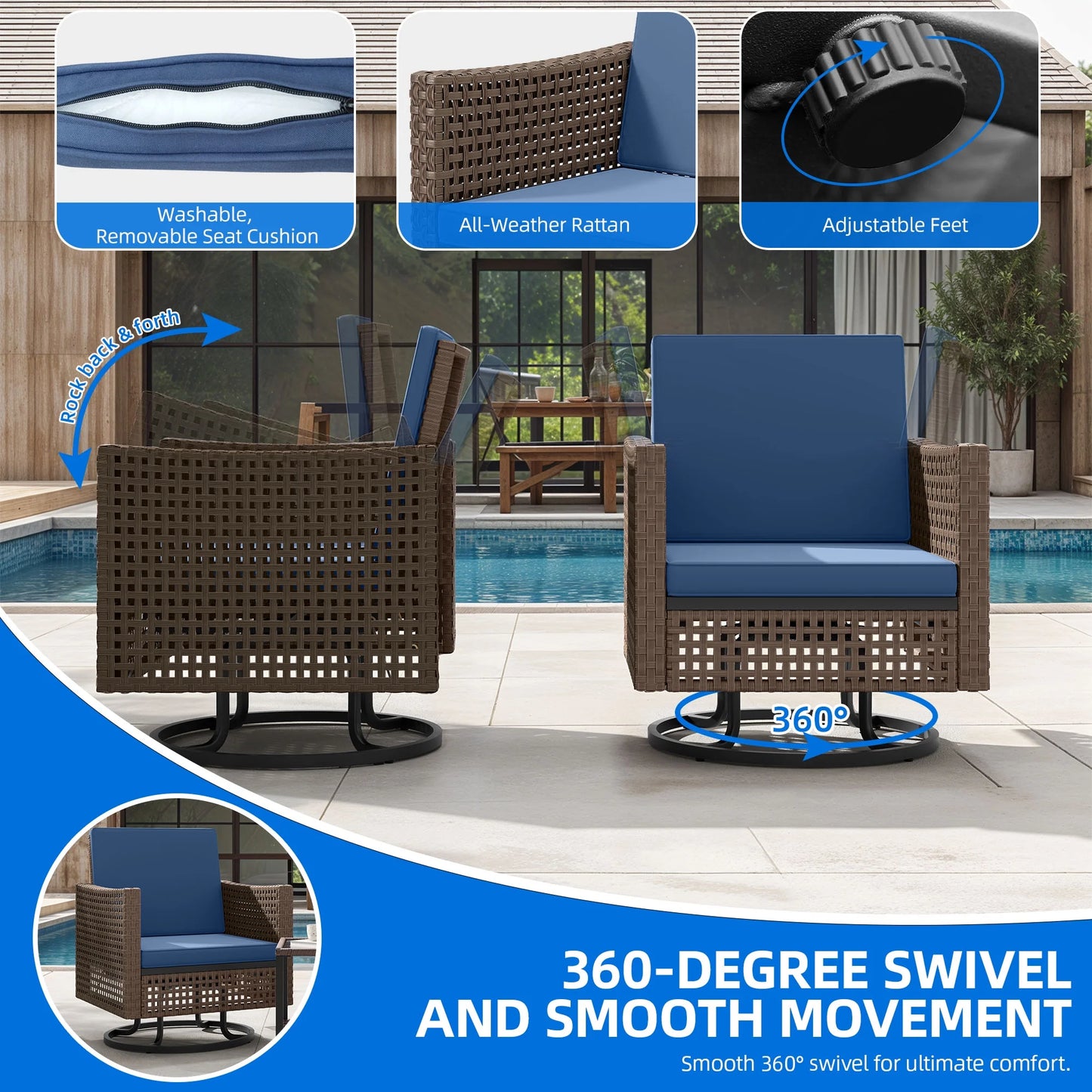 Dextrus Patio Swivel Chairs, Outdoor Wicker Swivel Glider Rocking Chairs set of 2 with Side Table,Bistro Swive Chairs Set for Porch Deck - Blue