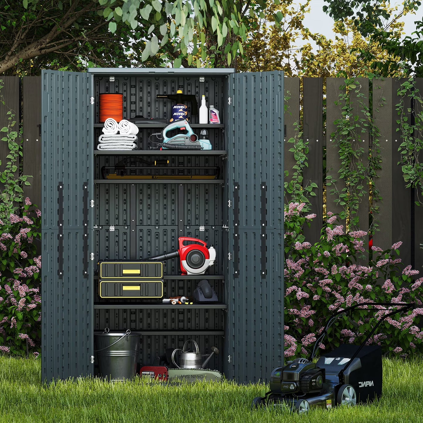ZYJOYY 15 Cu.Ft Resin Outdoor Storage Shed with Floor & 2 Shelves, Lockable Waterproof Backyard Horizontal Cabinet for Patio, Garden Tools & Equipment,Sage Grey